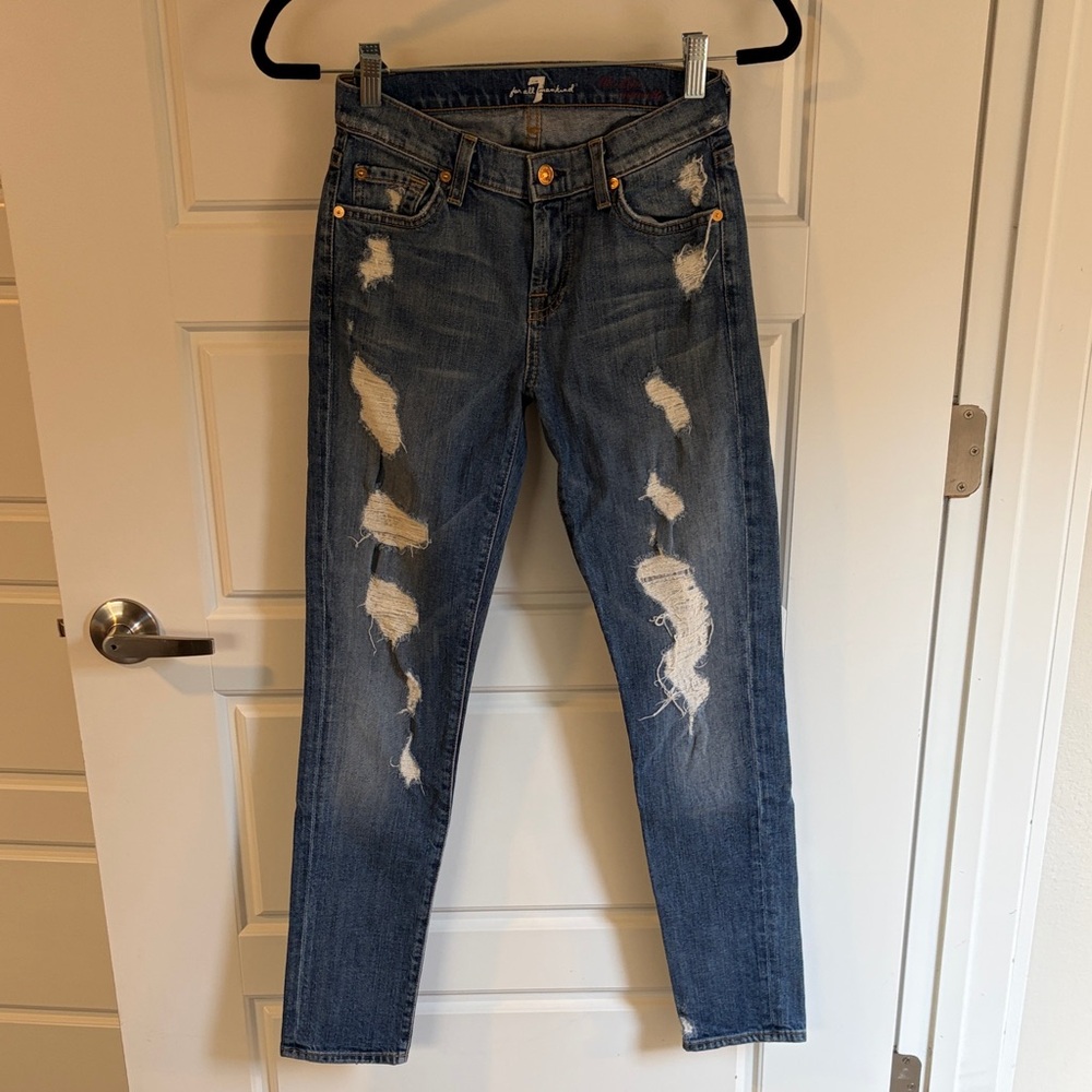 7 For All Mankind Ripped Blue Skinny Jeans